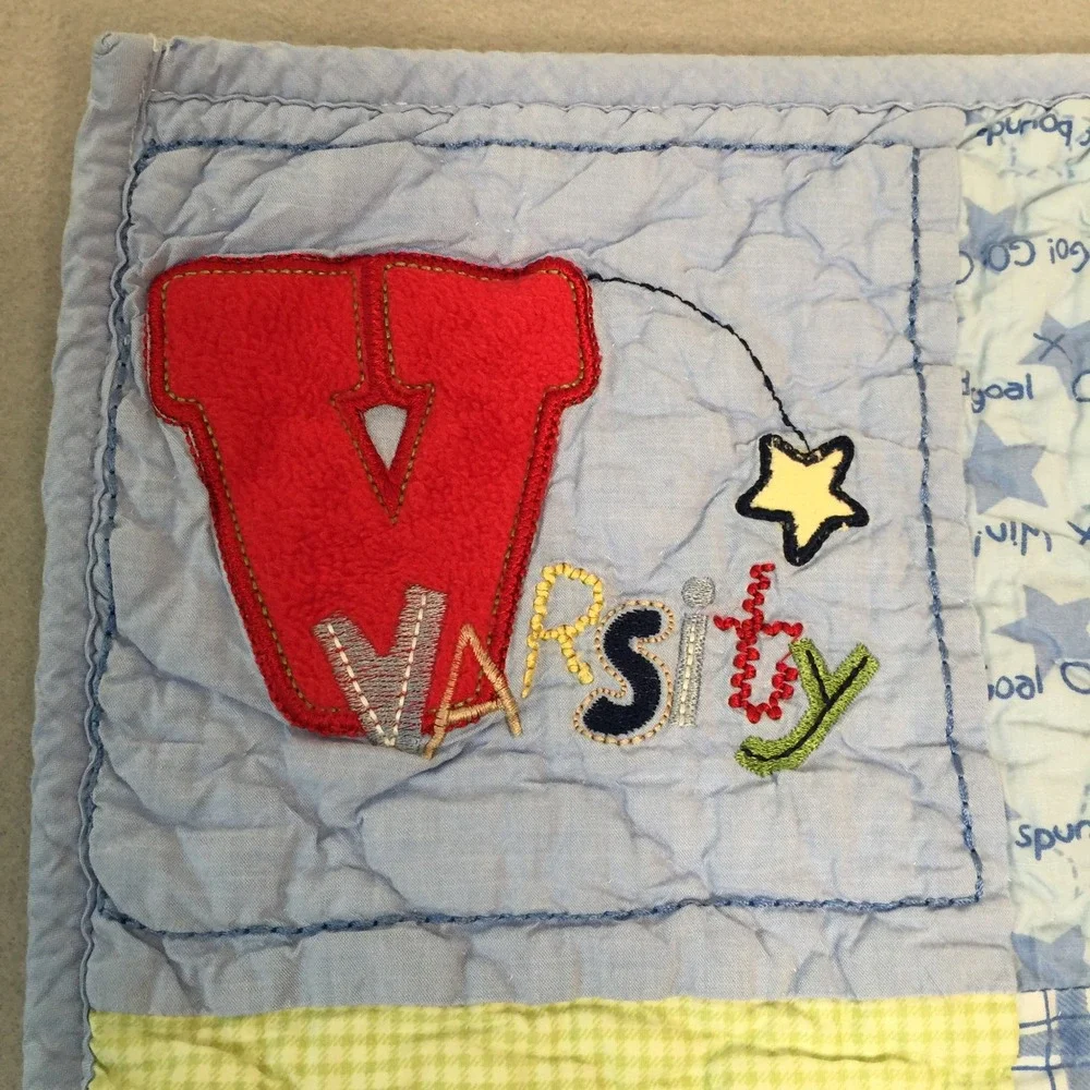 Carters Child of Mine Baby Quilt Blanket Blue Sports Puppy Patchwork Cotton